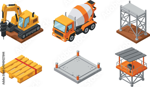 Construction machinery and building equipment isometric set, excavator cement mixer scaffolding pallet foundation industrial vector illustration collection