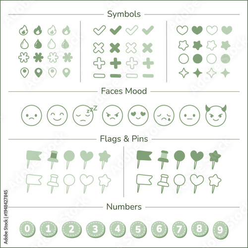 Planner Tracker Icons and Symbols, Mood Faces, Flags, and Numbers for Bullet Journal Green 