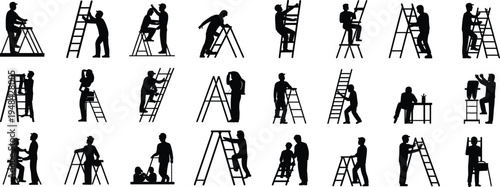Ladder worker silhouettes collection, construction and maintenance workers climbing ladders with tools, professional labor team set isolated for repair, building and industry
