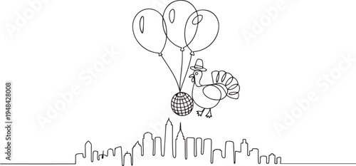 turkey pilgrim hat and cornucopia balloons over city. one line art icon drawing vector