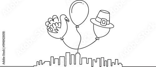 turkey pilgrim hat and cornucopia balloons over city. one line art icon drawing vector