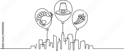 turkey pilgrim hat and cornucopia balloons over city. one line art icon drawing vector