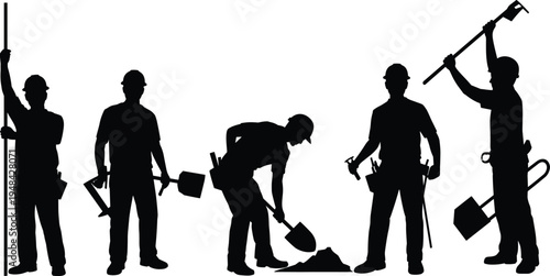 Construction worker silhouettes with shovel, sledgehammer and tools, professional builders digging and working, industrial labor team isolated for building and engineering work