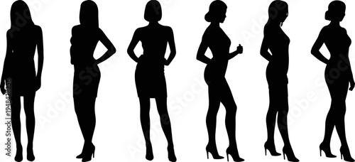 Flat vector illustration of female silhouettes in dresses, fashion poses, modeling design, elegance, style, beauty, modern lifestyle concept art