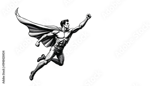 Grayscale superhero flying with outstretched fist Keywords: superhero, flying, cape, man, male