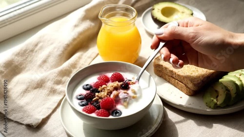 Healthy Breakfast with Yogurt, Berries, Toast, and Avocado in Sunlight.