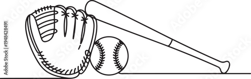 baseball glove, ball, and bat, showcasing sports equipment in a simple artistic style. one line art icon drawing vector