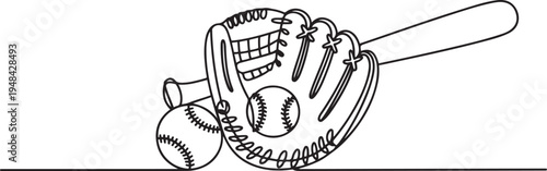 baseball glove, ball, and bat, showcasing sports equipment in a simple artistic style. one line art icon drawing vector