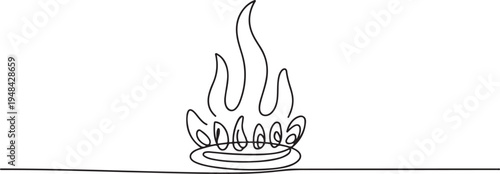 gas stove burner with flames. Minimal continuous line art for kitchen, cooking, and energy concept with copy space.  one line art icon drawing vector