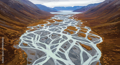 Braided river flowing through mountain valley, aerial landscape view, glacial river channels, dramatic wilderness scenery, nature travel illustration