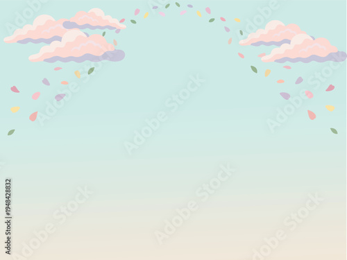 Soft pastel sky background with fluffy clouds and colorful falling petals. Minimal dreamy vector illustration with large copy space, ideal for spring designs, invitations, greeting cards and seasonal 