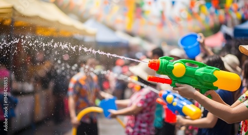People using water guns during a colorful water festival
