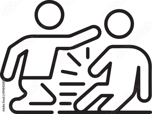 one person slaps and punches the other person. The slapped person falls to the ground and faints. one line art icon drawing vector