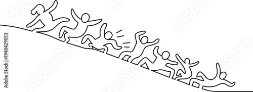 sick infected zombie people falling down the hill metaphor mistake. one line art icon drawing vector
