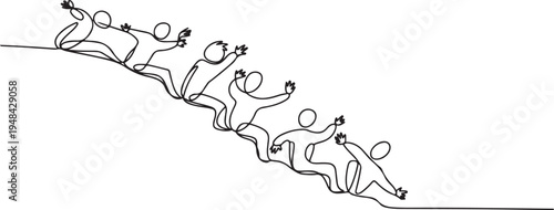 sick infected zombie people falling down the hill metaphor mistake. one line art icon drawing vector