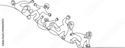 sick infected zombie people falling down the hill metaphor mistake. one line art icon drawing vector