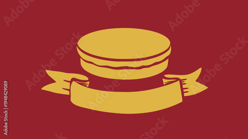 A golden stylized dessert, a layered treat, rests above a banner. Red background