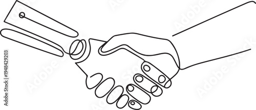 robot hand and human hand deal handshake future tense business. one line art icon drawing vector