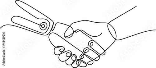 robot hand and human hand deal handshake future tense business. one line art icon drawing vector