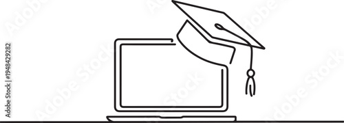 laptop online graduation cap school lifestyle. one line art icon drawing vector