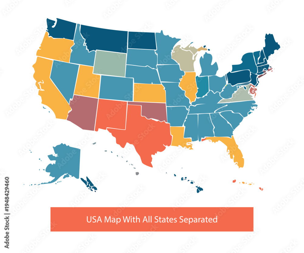 Obraz premium Colorful USA Map With Province Divisions