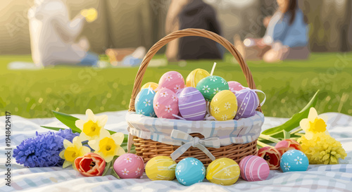 Colorful Easter eggs in a wicker basket for spring celebration
