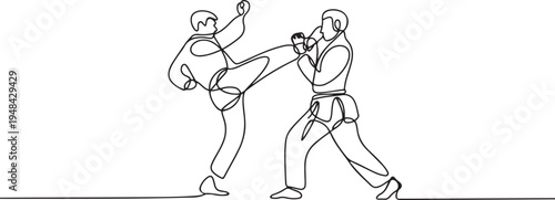 two people close combat karate taekwondo aikido fight practice sport. one line art icon drawing vector