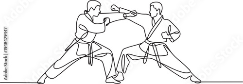two people close combat karate taekwondo aikido fight practice sport. one line art icon drawing vector
