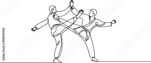 two people close combat karate taekwondo aikido fight practice sport. one line art icon drawing vector