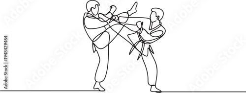 two people close combat karate taekwondo aikido fight practice sport. one line art icon drawing vector