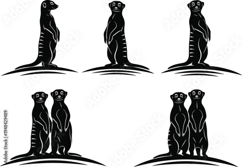 Black silhouette illustration of ten hikers with backpacks and trekking poles in varied poses, including walking, standing, and sitting, symbolizing outdoor adventure and exploration.