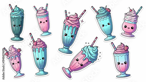 Colorful cartoon milkshake collection with cute faces and various flavors