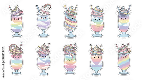 Colorful cartoon milkshake assortment in a row featuring pastel rainbow colors