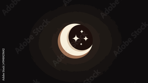 Pixelated illustration of a crescent moon and three stars against a black background with circular gradients