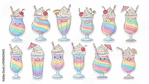 Colorful cartoon milkshake collection with whipped cream and cherry topping
