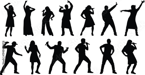 Black silhouette illustration of twelve singers performing with microphones in dynamic poses, showcasing musical performance, stage presence, artistic expression, and energetic movement.