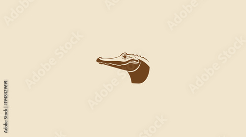 A simple, brown illustration of a crocodile's head, in profile, on a cream background