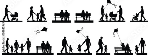 Family walking silhouettes set, parents with children stroller park bench flying kite happy family outdoor lifestyle illustration