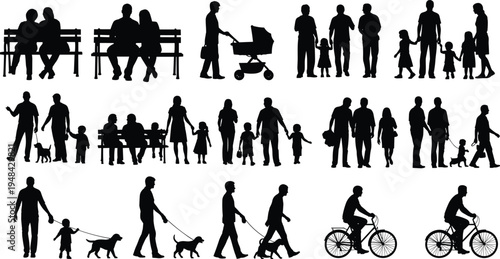 family, silhouettes, parents, children, walking, park, stroller, dog, bicycle, together, parenting, lifestyle, people, activity, outdoor, relationship, childhood, community, bonding, collection