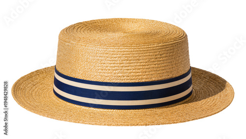 Cuadro en lienzo Classic straw boater hat with a distinctive blue and beige striped ribbon band,