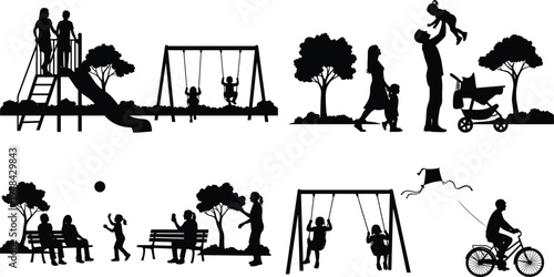Family park activities silhouettes set, parents and children playing, playground swing slide scenes, outdoor leisure lifestyle, black vector illustration collection