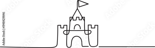 sand castle flag holiday park childhood game activity. one line art icon drawing vector