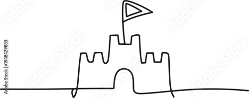 sand castle flag holiday park childhood game activity. one line art icon drawing vector