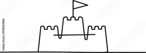 sand castle flag holiday park childhood game activity. one line art icon drawing vector