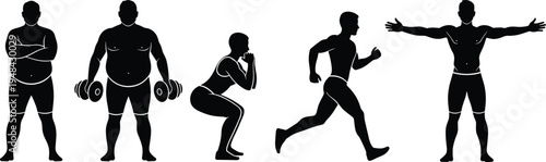 Black silhouette illustration showing fitness transformation stages from overweight to muscular physique through exercise, workout progression, healthy lifestyle, and physical activity improvement 