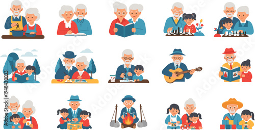 Grandparents and grandchildren activities illustration set, family bonding moments, elderly people with kids playing reading cooking vector collection