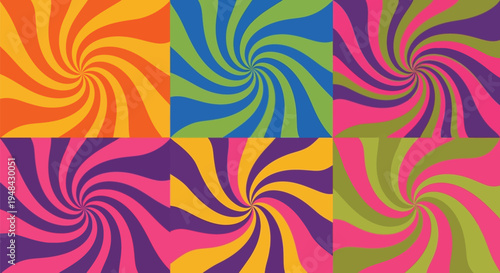 A vibrant and colorful abstract design featuring swirling patterns in multiple squares