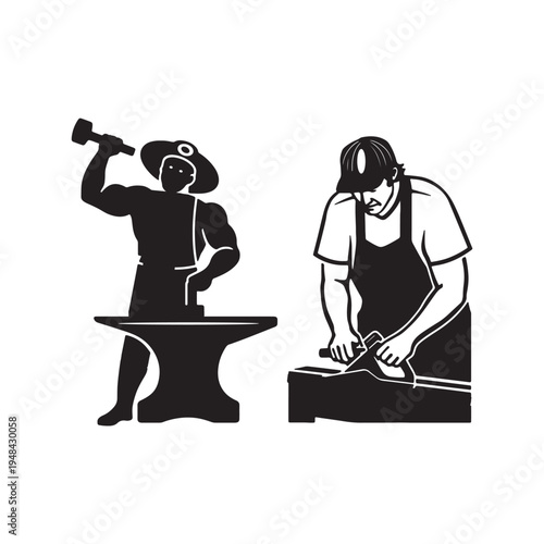Industrial and craft silhouettes of metalworker and joiner.