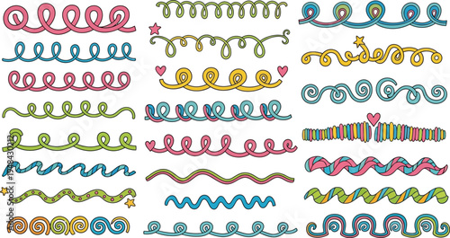 A colorful collection of whimsical swirls and lines in various shapes and patterns on a white background