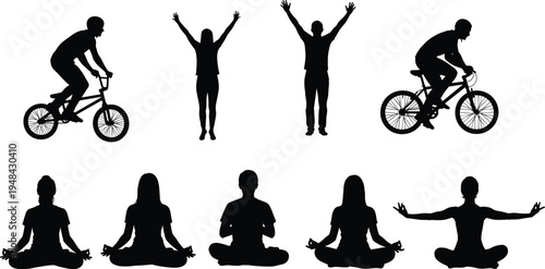 Black silhouette illustration showing people cycling, celebrating, and practicing yoga meditation poses, representing physical exercise, mindfulness, healthy 